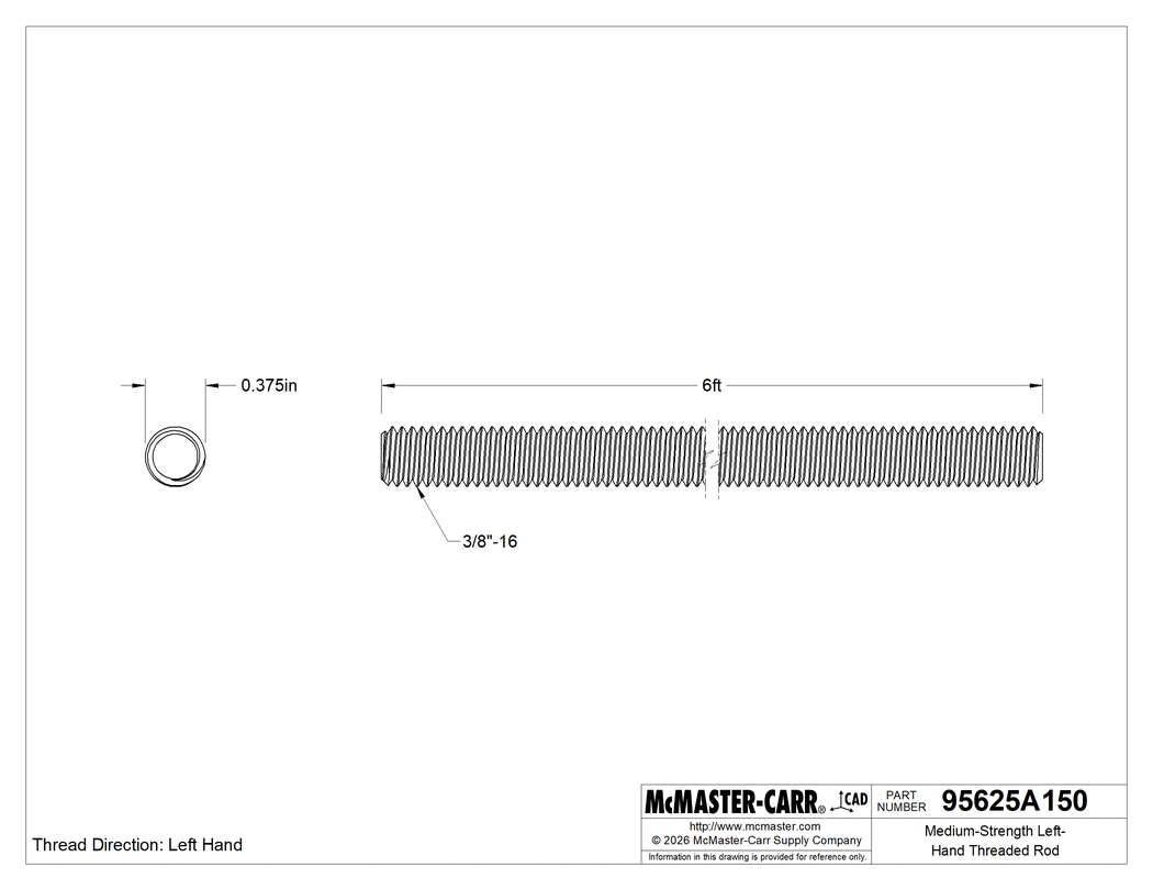 Technical Drawing of Medium-Strength Left-Hand Threaded Rod, Grade B7 Steel, 3/8"-16 Thread Size, 6 Feet Long.